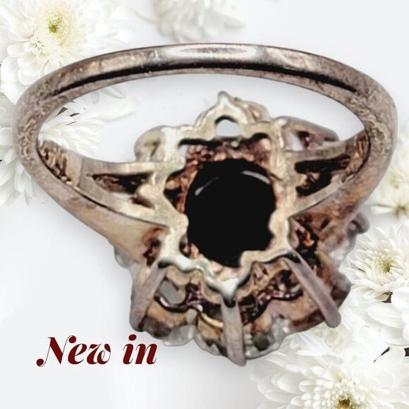 NWOT Sterling Silver Black Fire Opal Ring With Cluster Topaz Jewelry Gift - Picture 6 of 14